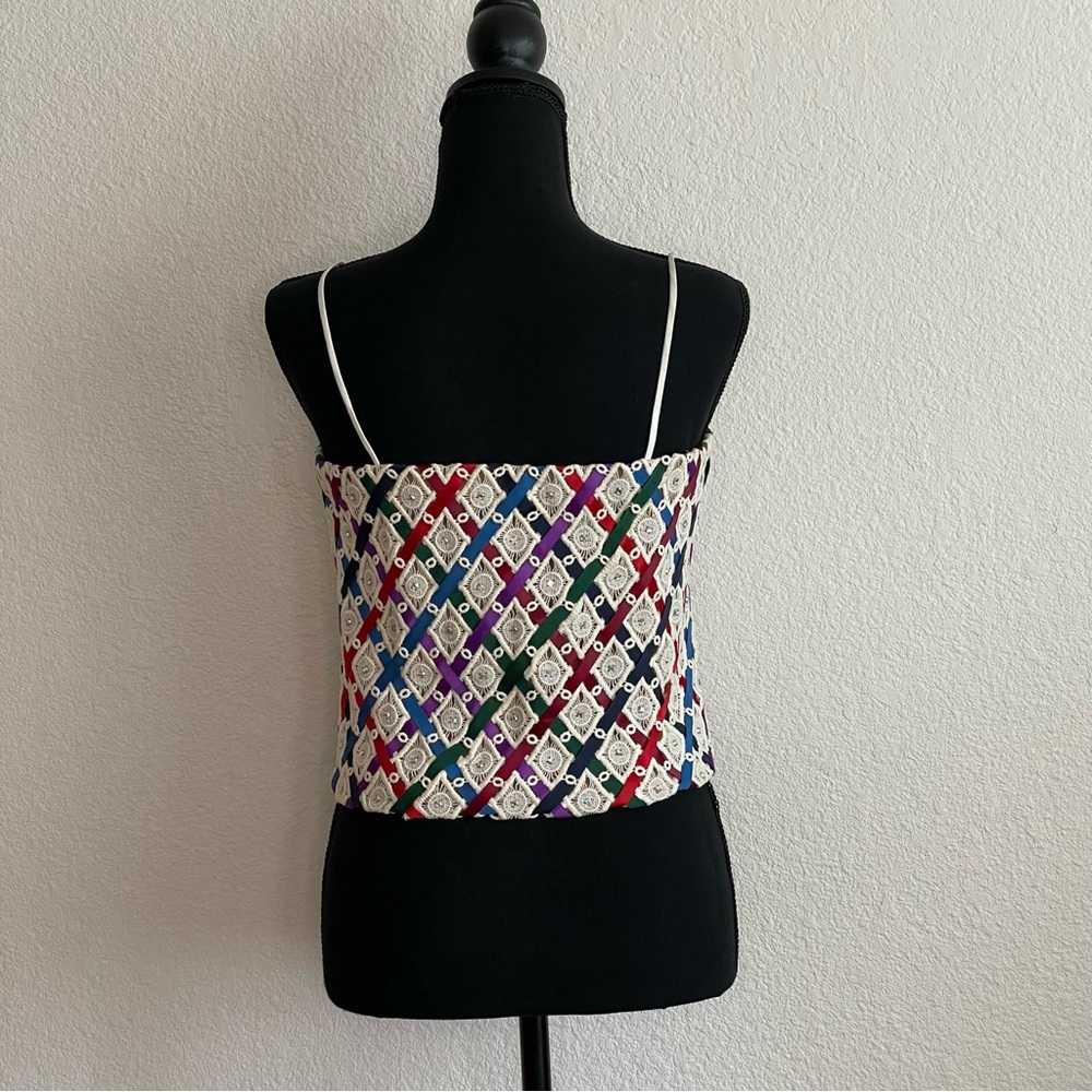 Vintage Embroidered Multicolor Ribbon Spaghetti Straps Sparkly Crop Top - Picture 3 of 7